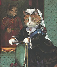 A cartoon cat is dressed in Victorian garb
