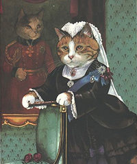 A cartoon cat is dressed in Victorian garb