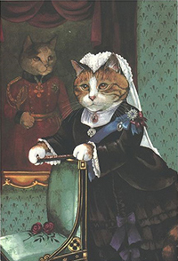 A cartoon cat is dressed in Victorian garb