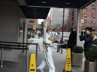 A pet owner picks up her dog from AMC's curbside pick-up service