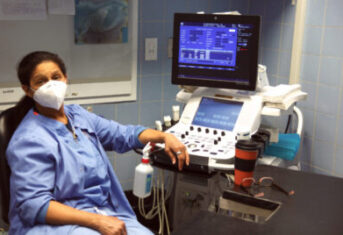 A veterinary professional sits at an echocardiogram machine at the Animal Medical Center