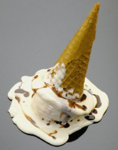A melting ice cream cone