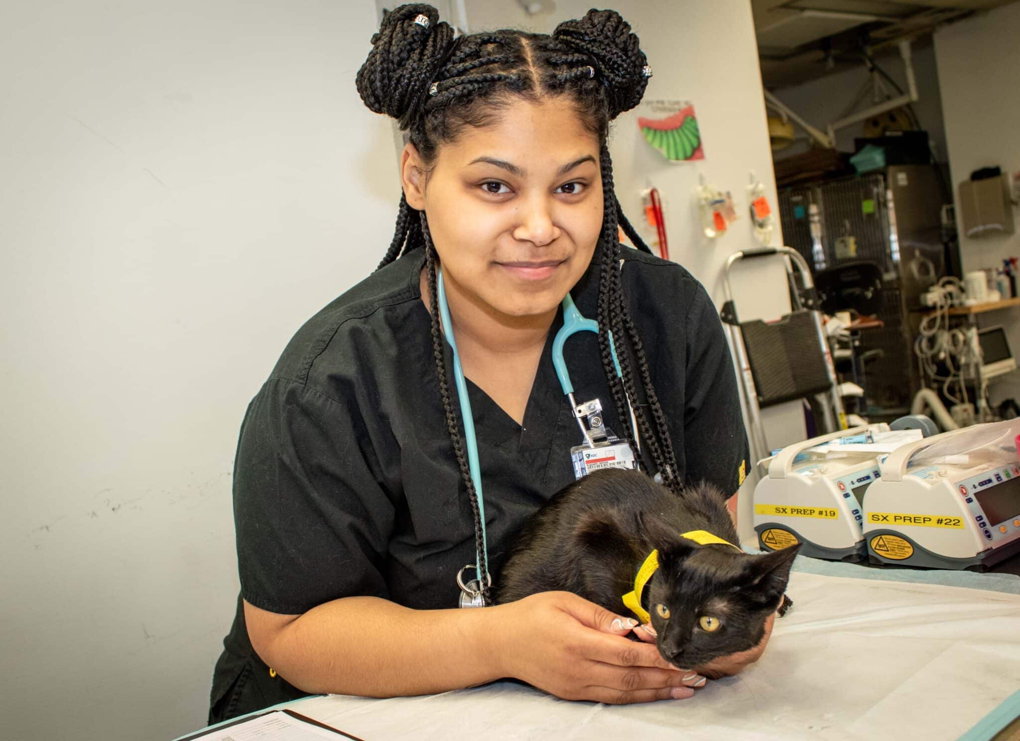 A veterinary technician with a cat
