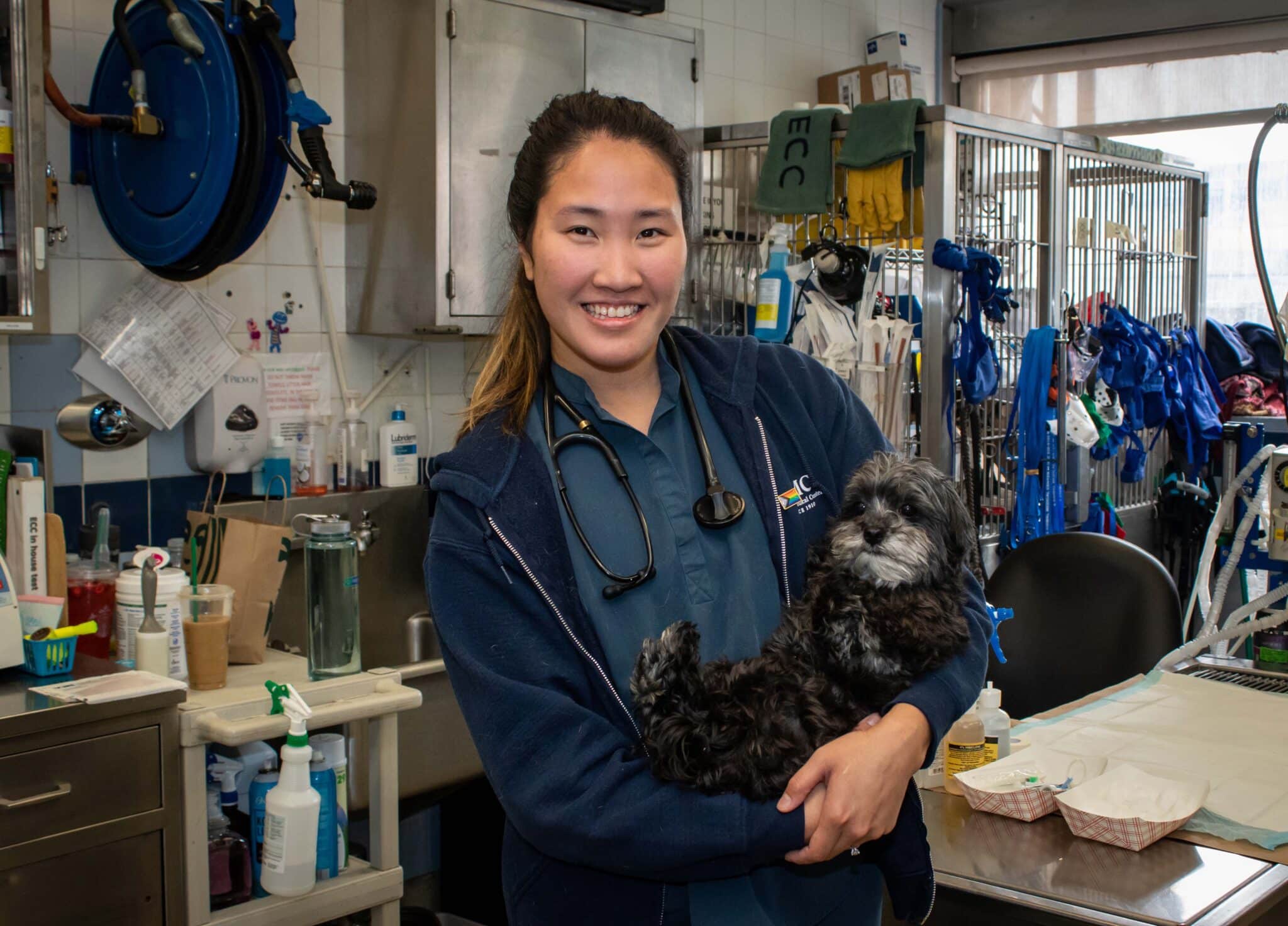 A veterinary technician with a dog