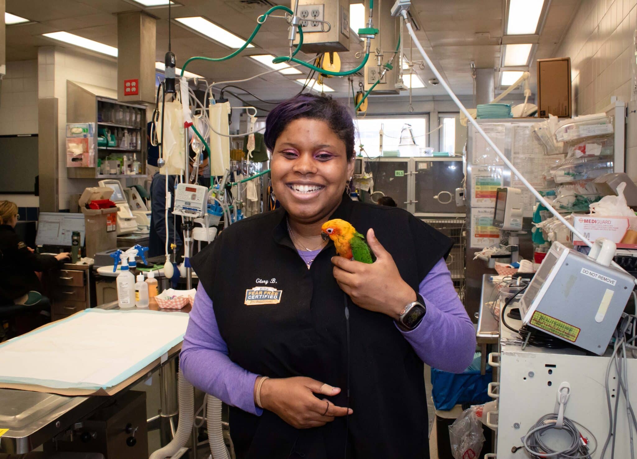 A veterinary professional holding a bird