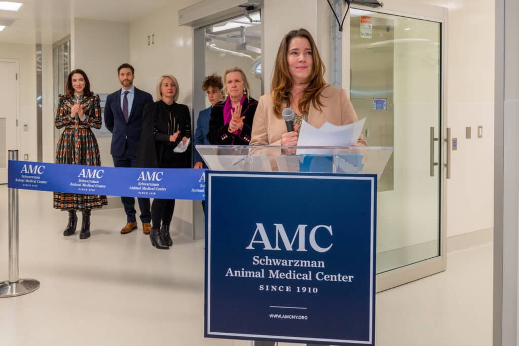 AMC Surgical Center ribbon cutting Dr. Schwartz making remarks with Kellens behind
