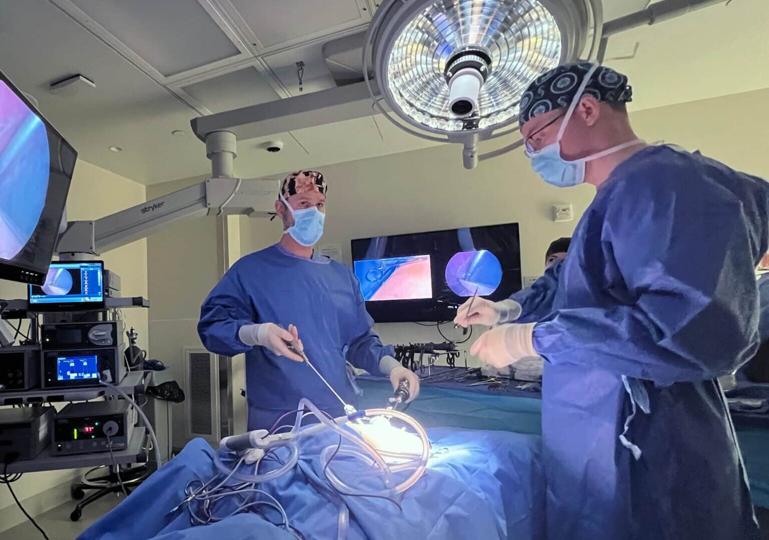 Veterinary professionals performing a minimally invasive surgical procedure
