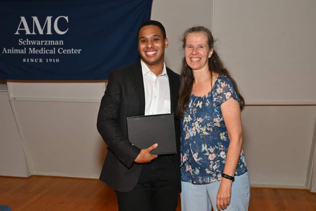 Dr. Bryce Westbrook, co-recipient of the Donald J. Bruckmann Award for Outstanding Intern with Dr. Alexandra van der Woerdt, Director of AMC's Anna-Maria and Stephen Kellen Institute for Postgraduate Education